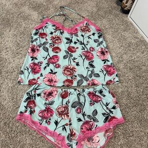 Floral Lace Trim Sleepwear Set - Pink and Blue